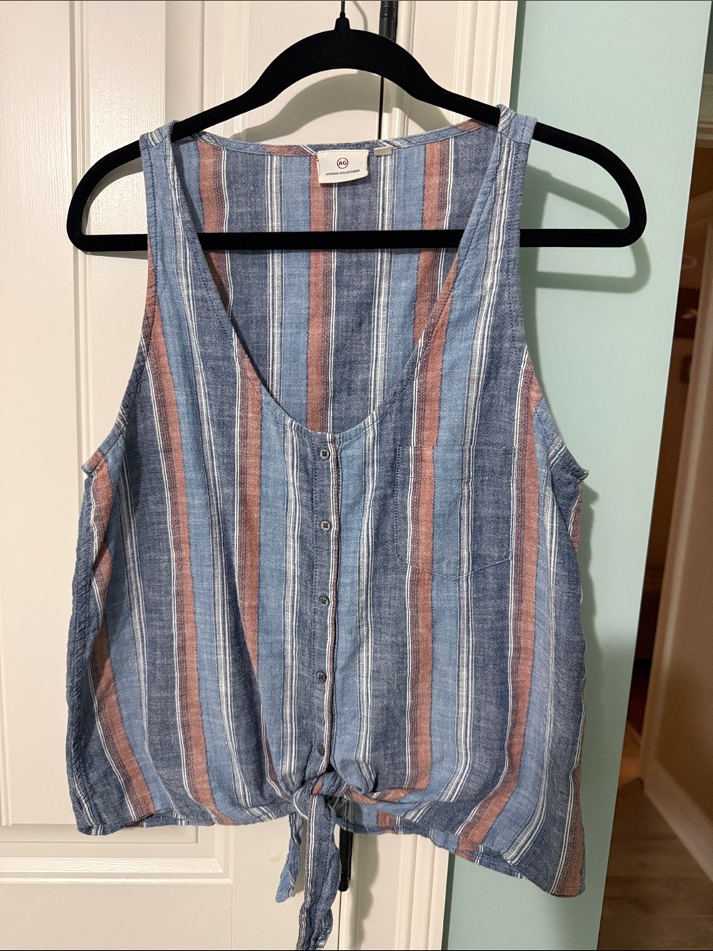 Ag Adriano Goldschmied Blue and Rust Stripe Tie-Front Tank